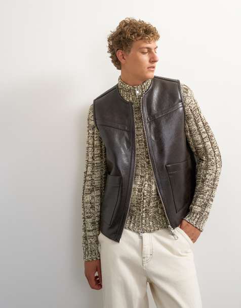 Topman classic fit faux leather reversible shearling gilet in brown - view 1