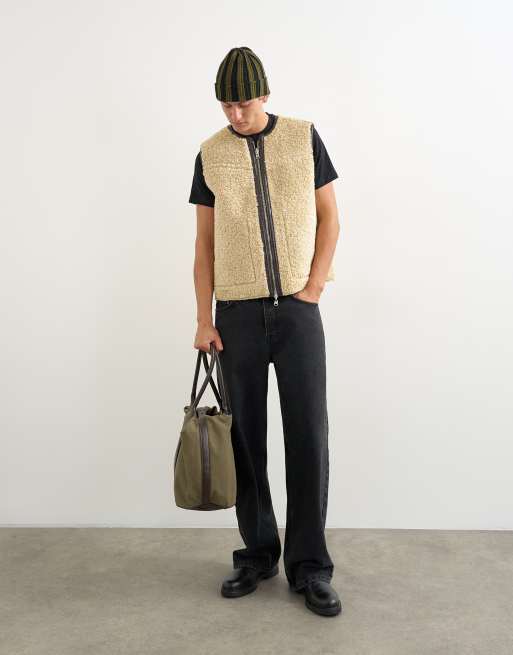 Topman classic fit faux leather reversible shearling vest in brown