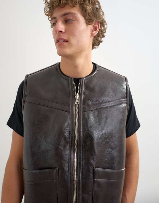 Topman classic fit faux leather reversible shearling vest in brown, 2 of 5