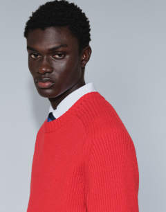 Model wearing Classic fit fisherman knit jumper in red