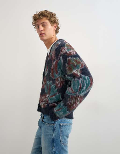 Topman classic fit fluffy cardigan med blomsterprint i marineblå, 5 af 5