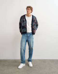 Model wearing Classic fit fluffy floral cardigan in navy