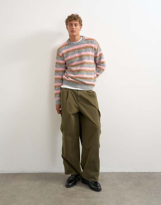 Topman classic fit fluffy jumper with stripe in pink, 2 of 5