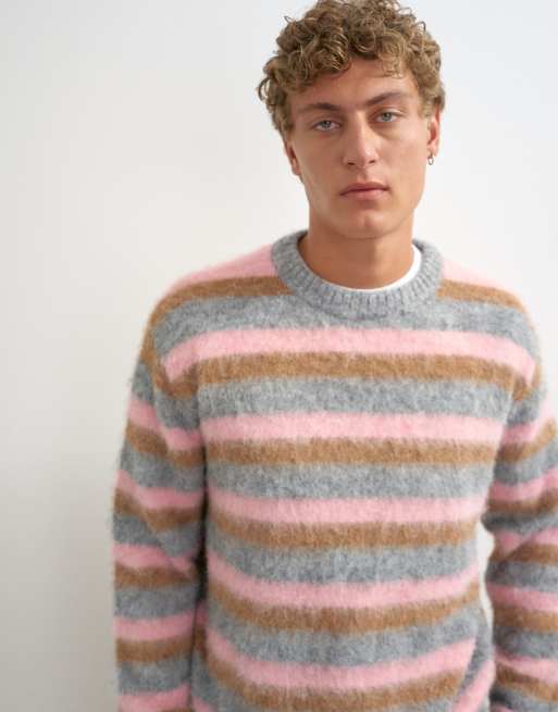 Topman classic fit fluffy jumper with stripe in pink, 3 of 5