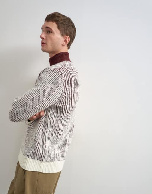 Topman classic fit funnel neck contrast zip-front sweater in burgundy, 4 of 9