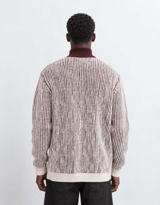 Topman classic fit funnel neck contrast zip-front sweater in burgundy, 7 of 9