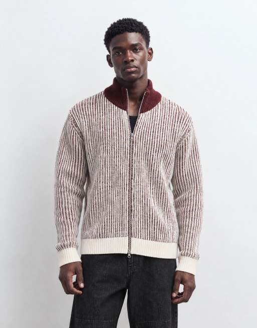 Topman classic fit funnel neck contrast zip-front sweater in burgundy, 8 of 9