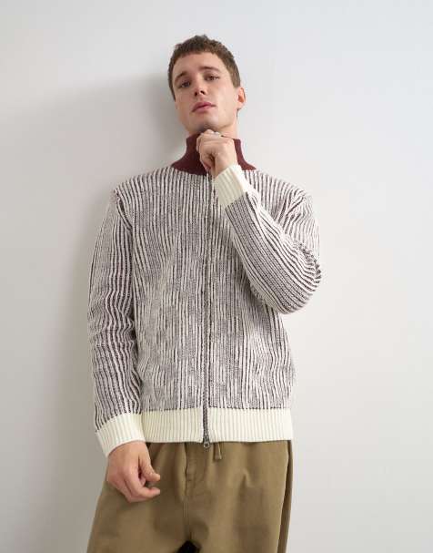 Topman classic fit funnel neck contrast zip through jumper in burgundy - view 1