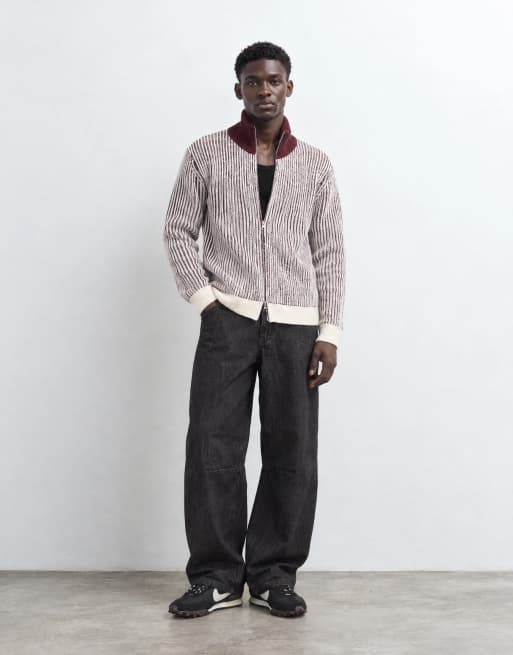 Topman classic fit funnel neck contrast zip through jumper in burgundy, 6 of 9