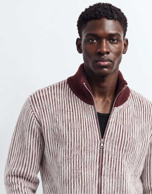 Topman classic fit funnel neck contrast zip through jumper in burgundy, 9 of 9