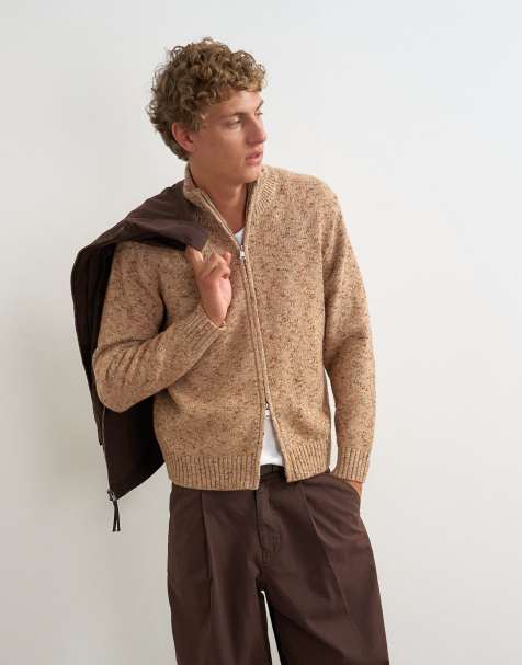 Topman classic fit funnel neck nep jumper with double zip in stone - view 1