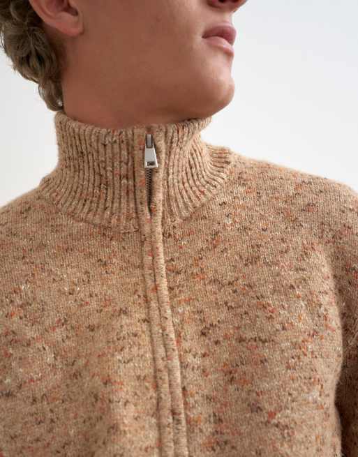 Topman classic fit funnel neck nep jumper with double zip in stone, 3 of 5