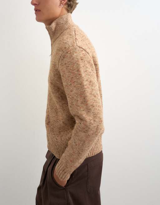 Topman classic fit funnel neck nep jumper with double zip in stone, 5 of 5