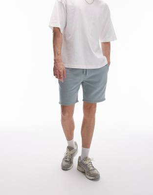 Topman Classic Fit Jersey Shorts With Raw Hem In Sage-black