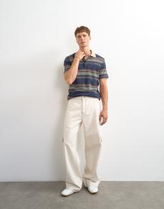 Model wearing Classic fit jersey stripe polo in navy