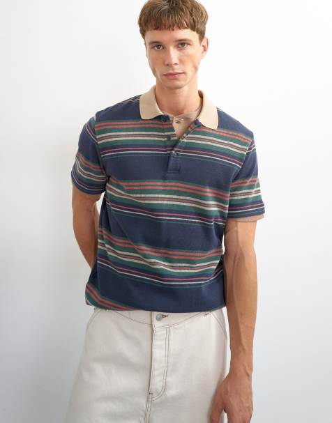 Topman classic fit jersey striped polo shirt in navy - view 1