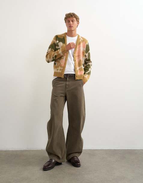 Topman classic fit knit cardigan with abstract camo design in stone - view 1