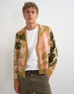 Model wearing Classic fit knit cardigan with abstract camo design in stone