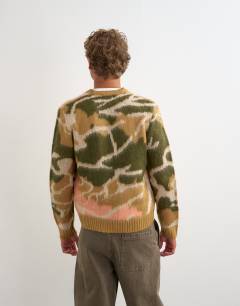 Model wearing Classic fit knit cardigan with abstract camo design in stone