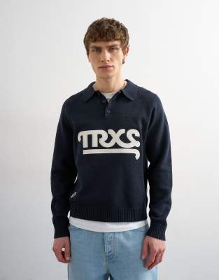 Topman Classic Fit Knit Rugby Polo With Applique Text In Blue