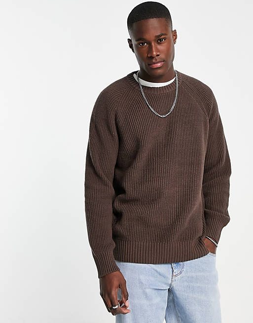 Topman classic fit knitted fisherman jumper in brown
