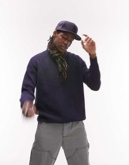Topman classic fit knitted fisherman sweater in navy