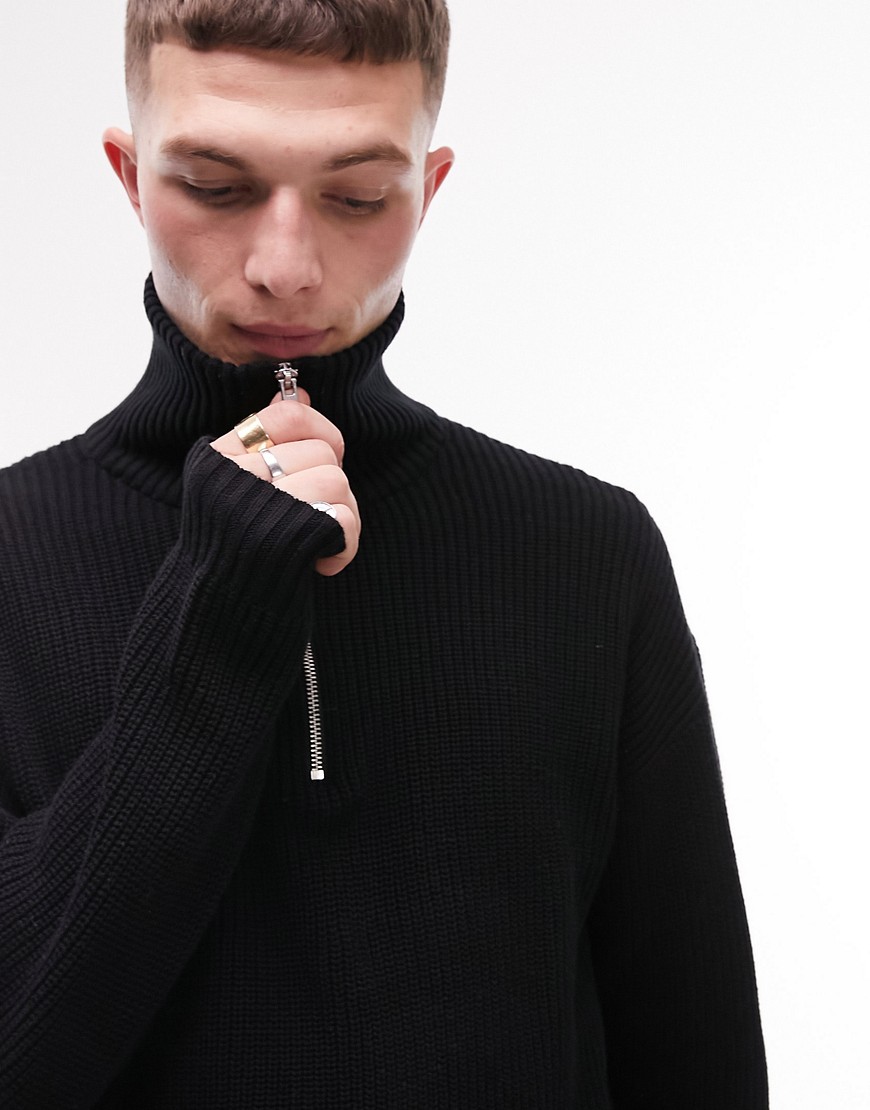 Topman classic fit knitted funnel neck jumper in black