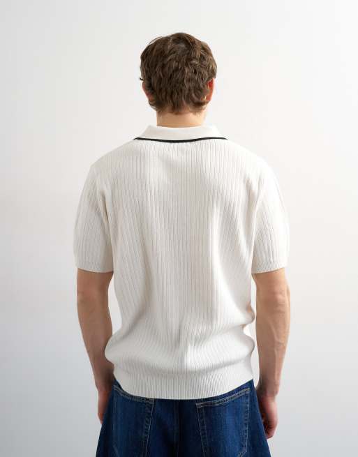 Topman classic fit knitted rib polo shirt with tipping in ecru, 3 of 5