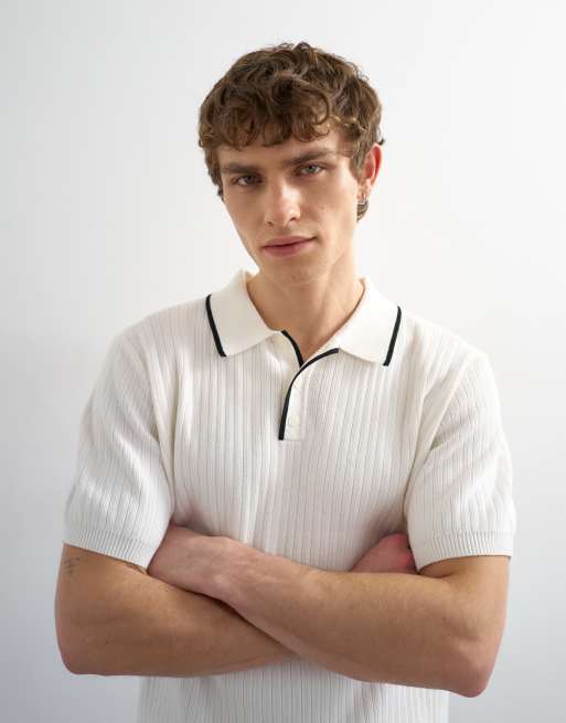 Topman classic fit knitted rib polo shirt with tipping in ecru, 4 of 5