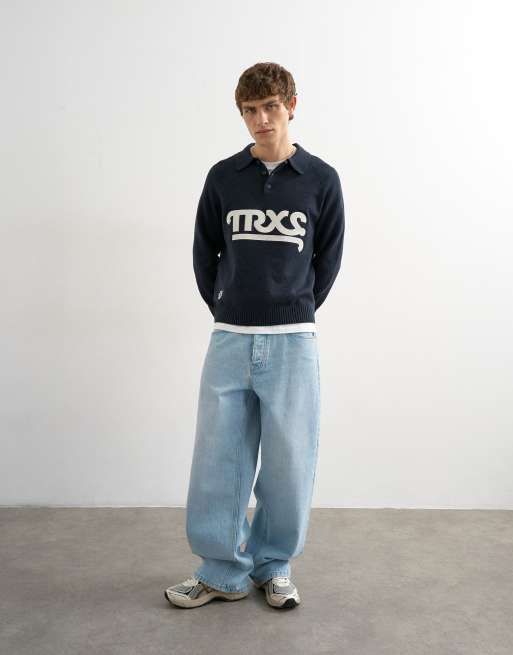 Topman classic fit knitted rugby polo with applique text in navy, 2 of 5