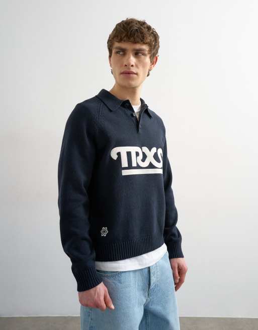 Topman classic fit knitted rugby polo with applique text in navy, 4 of 5