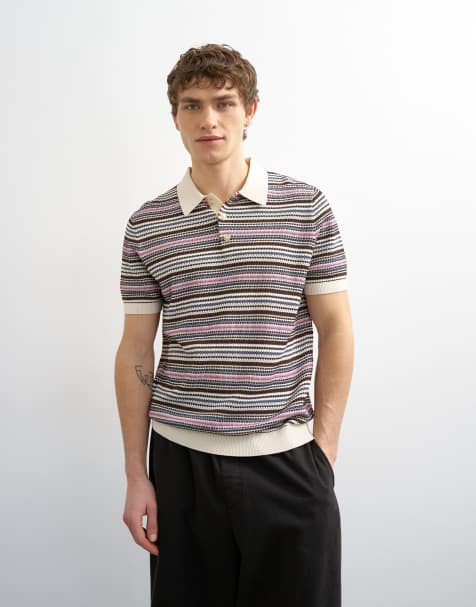 Topman classic fit knitted stripe polo in cream