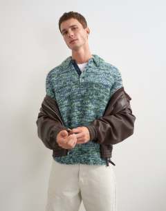 Model wearing Classic fit knitted twist polo in teal