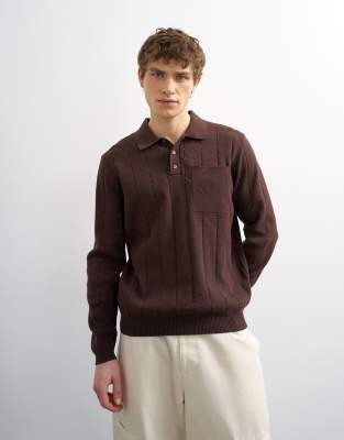 Topman Classic Fit Long Sleeve Pointelle Knit Polo In Brown