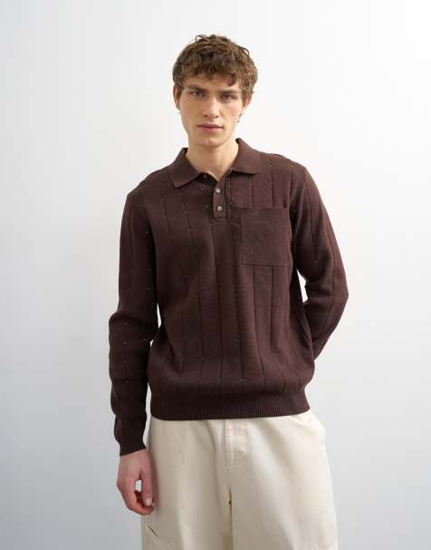 Topman classic fit long sleeve pointelle knitted polo in brown - view 1
