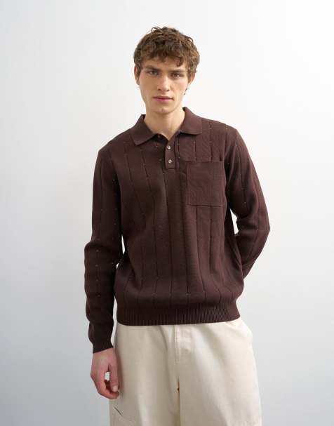 Topman classic fit long sleeve pointelle knitted polo in brown