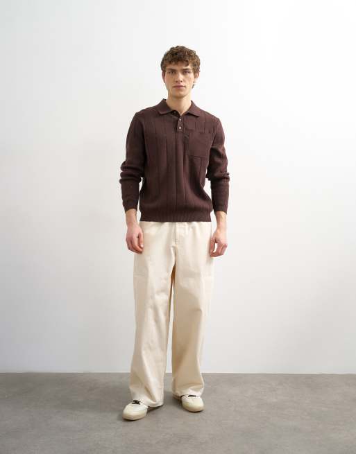 Topman classic fit long sleeve pointelle knitted polo shirt in brown, 2 of 5