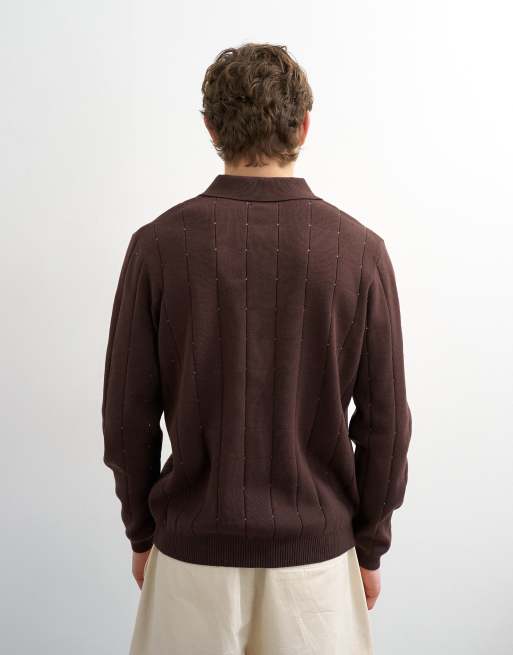 Topman classic fit long sleeve pointelle knitted polo shirt in brown, 3 of 5