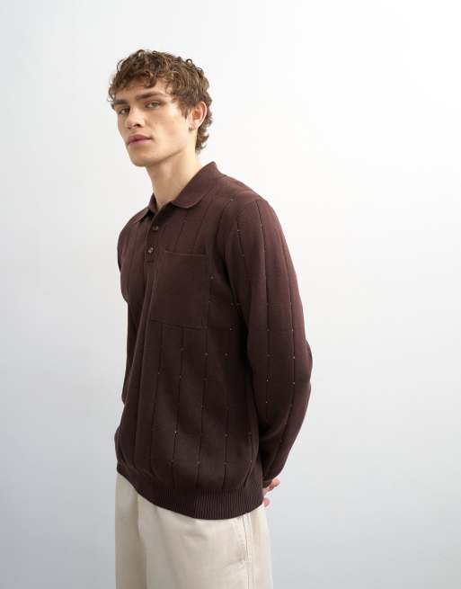 Topman classic fit long sleeve pointelle knitted polo shirt in brown, 4 of 5