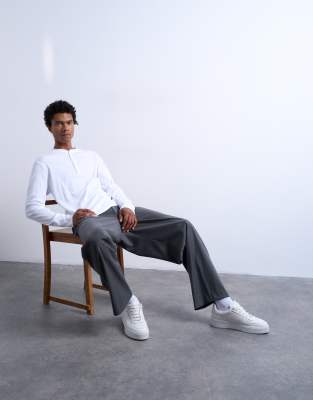 Topman Topman classic fit long sleeve rib henley t-shirt in white