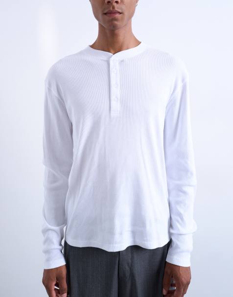 Topman classic fit long sleeve rib henley t-shirt in white - view 1