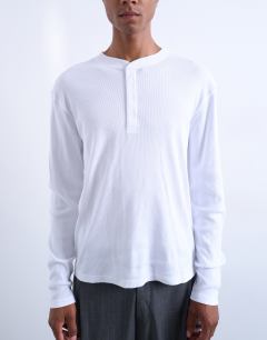 Model wearing Classic fit long sleeve rib henley t-shirt in white