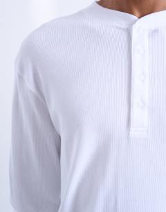 Model wearing Classic fit long sleeve rib henley t-shirt in white