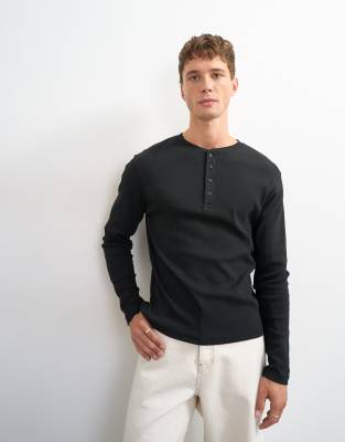Topman Classic Fit Long Sleeve Rib Knit Henley T-shirt In Black