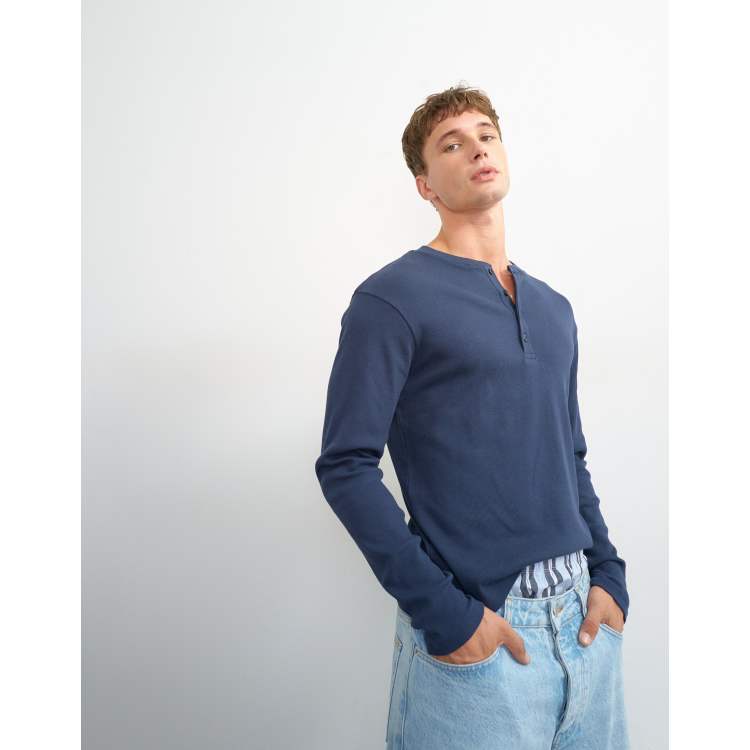 Topman classic fit long sleeve rib knit henley t-shirt in navy | ASOS