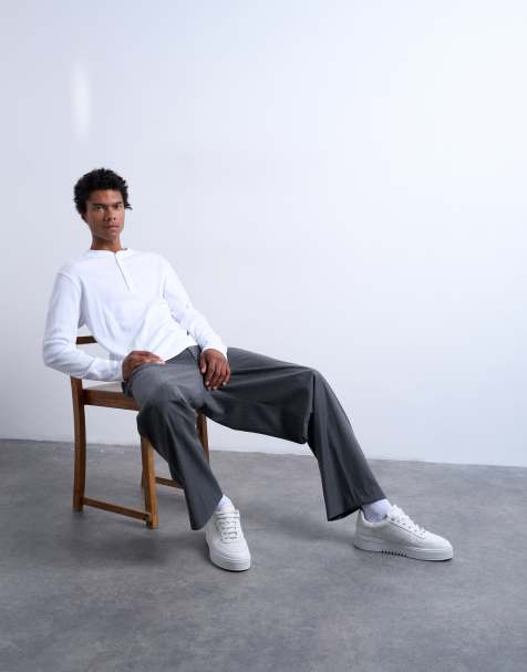 Topman classic fit long sleeve rib knit henley t-shirt in white - view 1