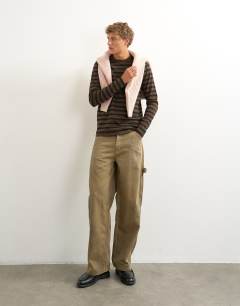 Model wearing Classic fit long sleeve t-shirt with stripe in brown