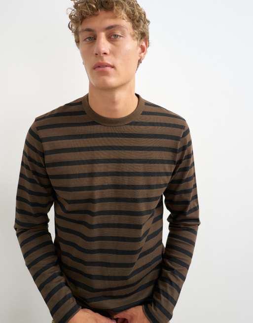 Topman classic fit long sleeve t-shirt with stripe in brown, 5 of 5