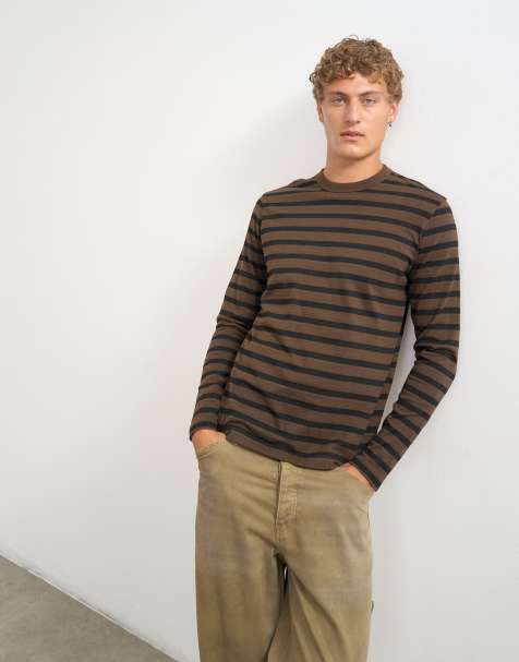 Topman classic fit long sleeve T-shirt with stripes in brown - view 1