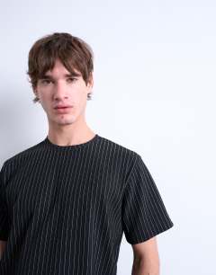 Model wearing Classic fit metallic stripe tee in black 